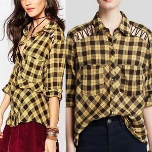Free People Peek-A-Boo Plaid long sleeve shirt open lacing detail high low snaps